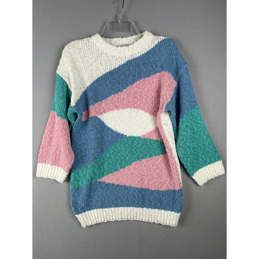 Vintage Blair Boutique Women's Sweater Abstract White Pastel Chunky Knit 2678